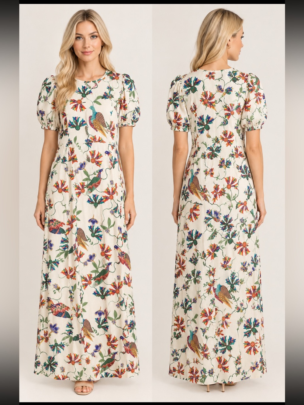 Fairy dream bird supercute Cream Maxi Dress with Colorful Bird & Floral Print